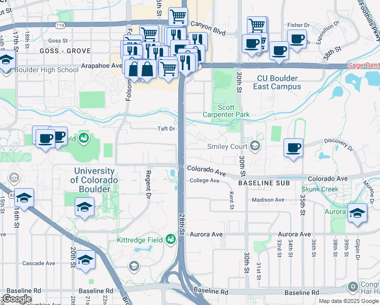 map of restaurants, bars, coffee shops, grocery stores, and more near 2821 Springdale Lane in Boulder