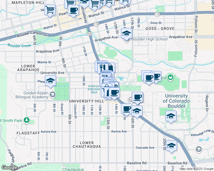 map of restaurants, bars, coffee shops, grocery stores, and more near in Boulder