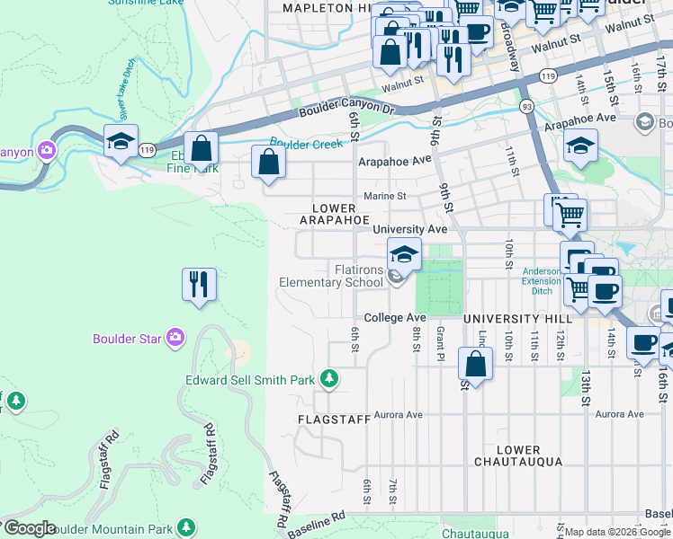 map of restaurants, bars, coffee shops, grocery stores, and more near 534 Pleasant Street in Boulder