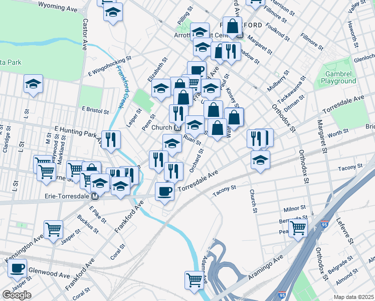 map of restaurants, bars, coffee shops, grocery stores, and more near 4232 Paul Street in Philadelphia