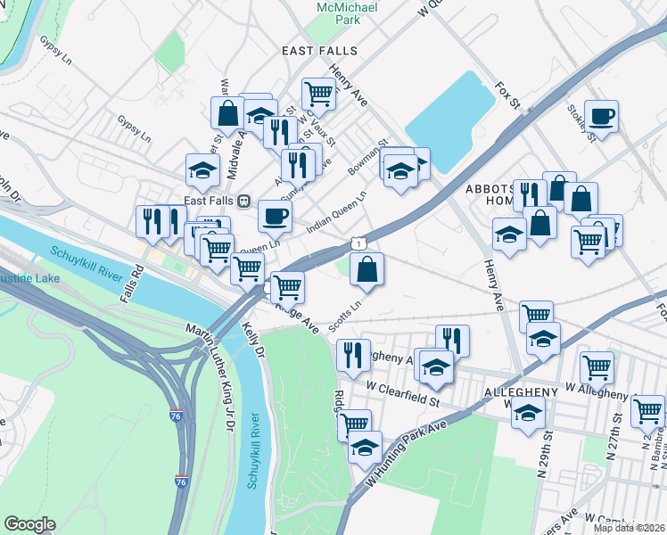 map of restaurants, bars, coffee shops, grocery stores, and more near 3531 Scotts Lane in Philadelphia