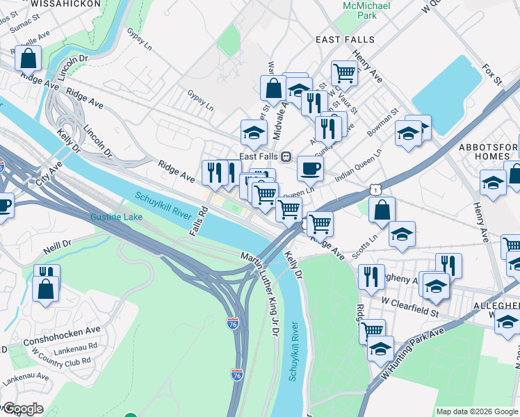 map of restaurants, bars, coffee shops, grocery stores, and more near in Philadelphia