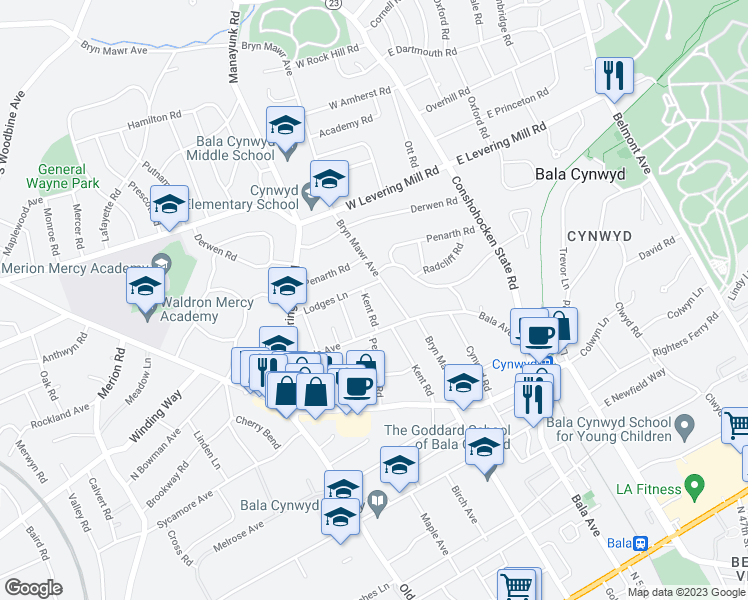 map of restaurants, bars, coffee shops, grocery stores, and more near 407 Kent Road in Bala Cynwyd