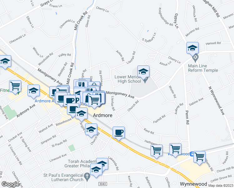 map of restaurants, bars, coffee shops, grocery stores, and more near 103 Llanfair Road in Ardmore