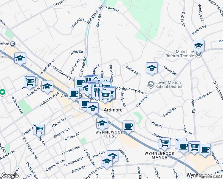 map of restaurants, bars, coffee shops, grocery stores, and more near 119 East Montgomery Avenue in Ardmore