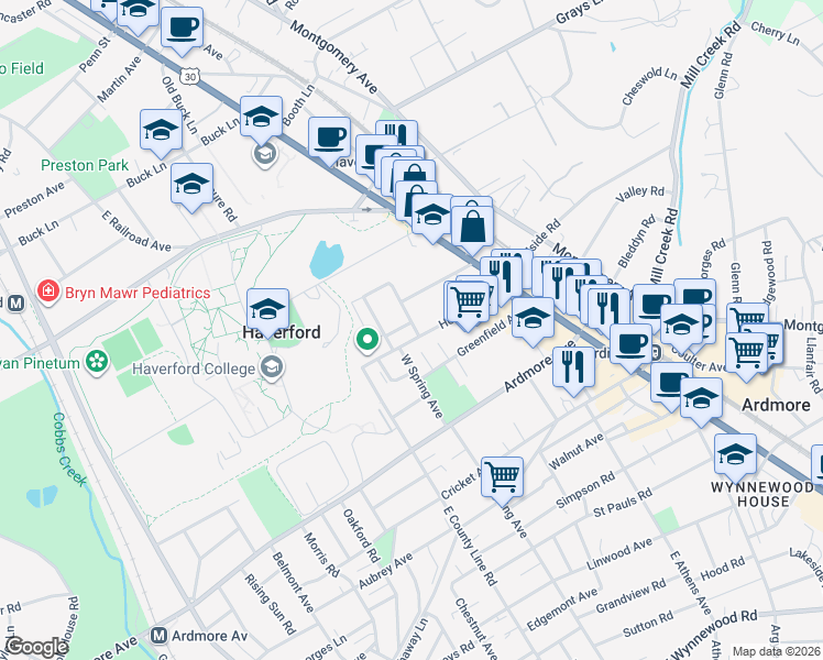 map of restaurants, bars, coffee shops, grocery stores, and more near 316 Locust Avenue in Ardmore