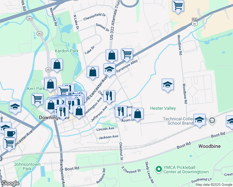 map of restaurants, bars, coffee shops, grocery stores, and more near 446 Jefferson Avenue in Downingtown