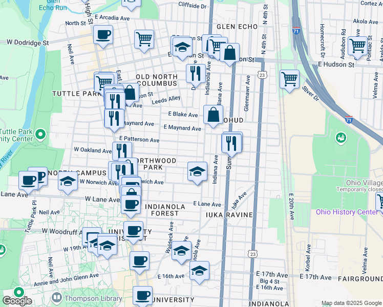 map of restaurants, bars, coffee shops, grocery stores, and more near 215 East Patterson Avenue in Columbus