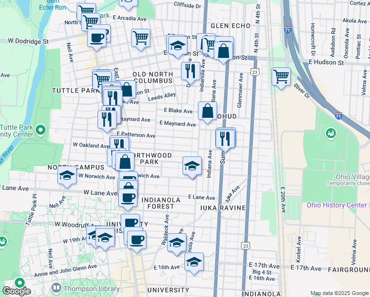 map of restaurants, bars, coffee shops, grocery stores, and more near 215 East Patterson Avenue in Columbus