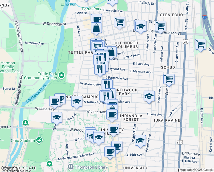 map of restaurants, bars, coffee shops, grocery stores, and more near 2309 North High Street in Columbus