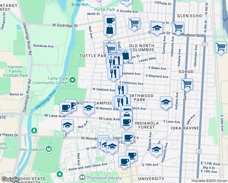 map of restaurants, bars, coffee shops, grocery stores, and more near in Columbus