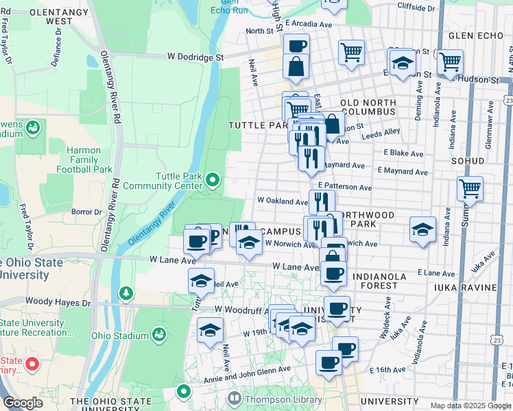 map of restaurants, bars, coffee shops, grocery stores, and more near 112 West Oakland Avenue in Columbus
