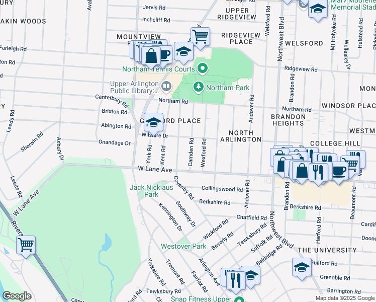 map of restaurants, bars, coffee shops, grocery stores, and more near 2625 Camden Road in Columbus