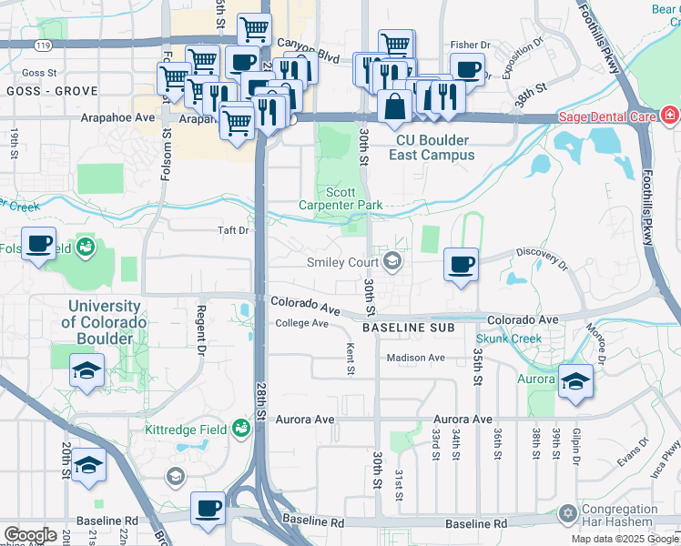 map of restaurants, bars, coffee shops, grocery stores, and more near 2932 Shadow Creek Drive in Boulder