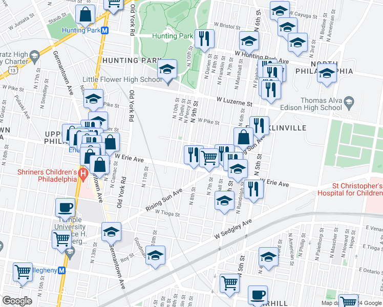 map of restaurants, bars, coffee shops, grocery stores, and more near 3734 North Darien Street in Philadelphia