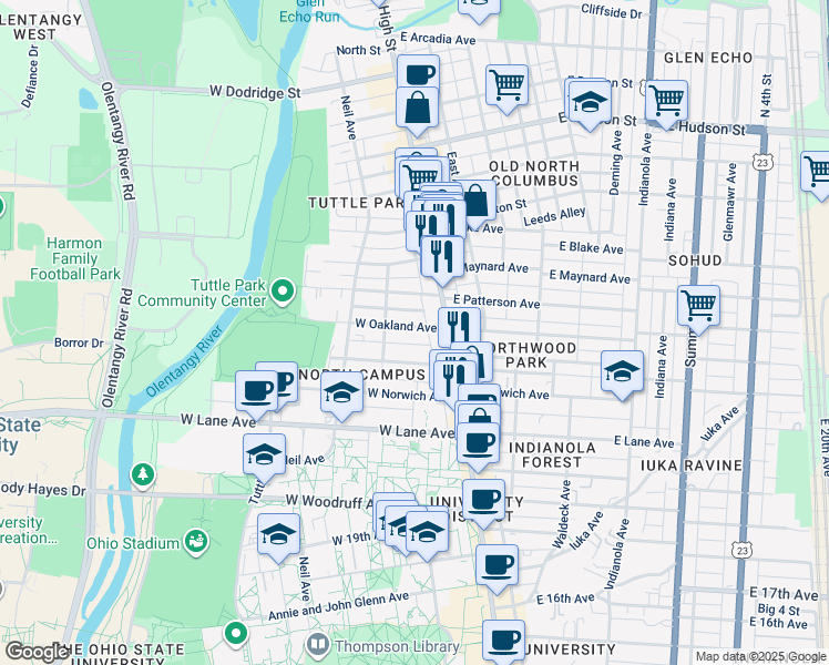 map of restaurants, bars, coffee shops, grocery stores, and more near 47 West Oakland Avenue in Columbus