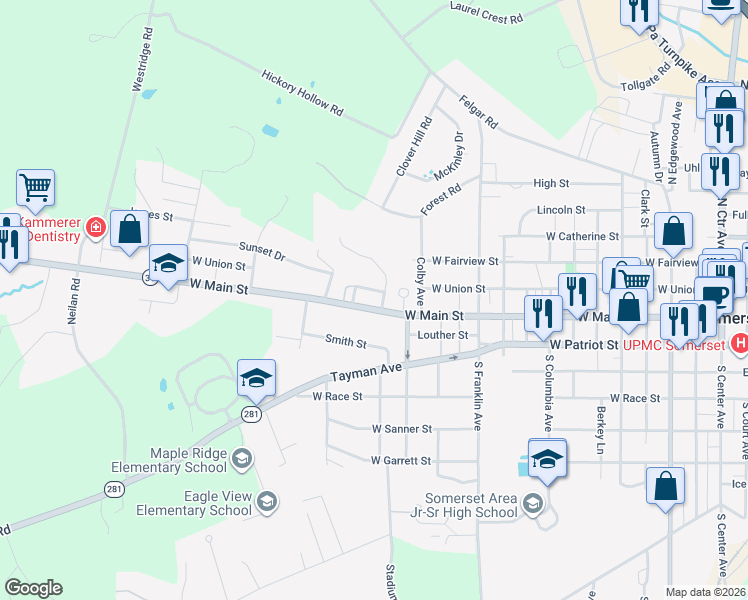 map of restaurants, bars, coffee shops, grocery stores, and more near 830 Brubaker Street in Somerset