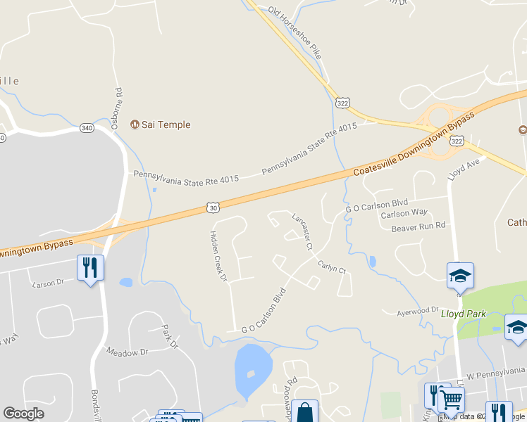 map of restaurants, bars, coffee shops, grocery stores, and more near 610 Lancaster Court in Downingtown