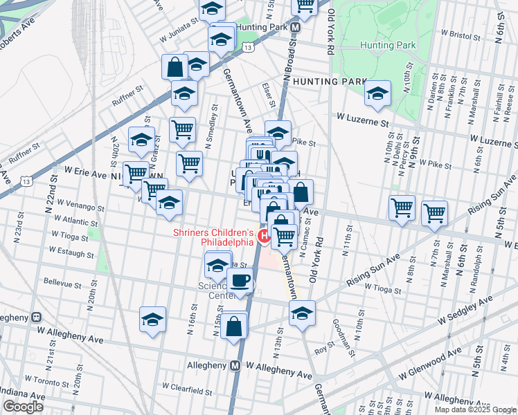 map of restaurants, bars, coffee shops, grocery stores, and more near 1417 West Erie Avenue in Philadelphia
