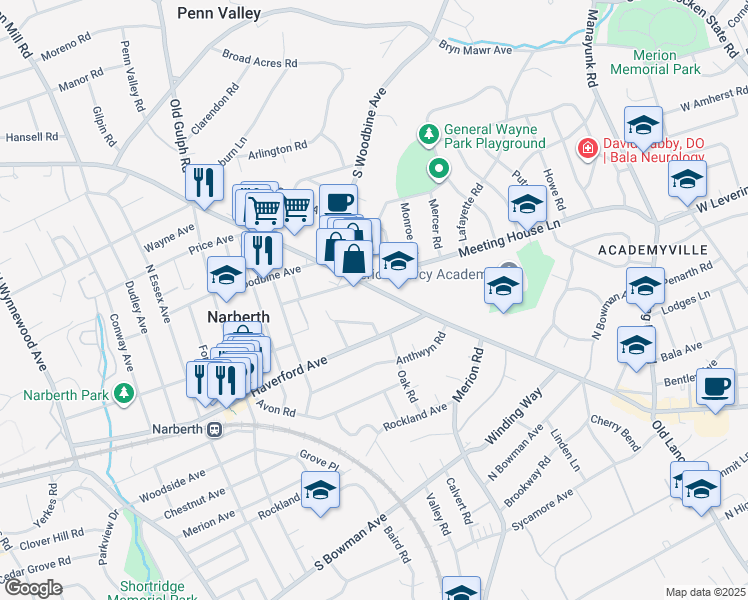 map of restaurants, bars, coffee shops, grocery stores, and more near 650 Montgomery Avenue in Narberth