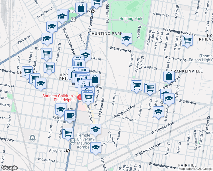 map of restaurants, bars, coffee shops, grocery stores, and more near 3713 Old York Road in Philadelphia