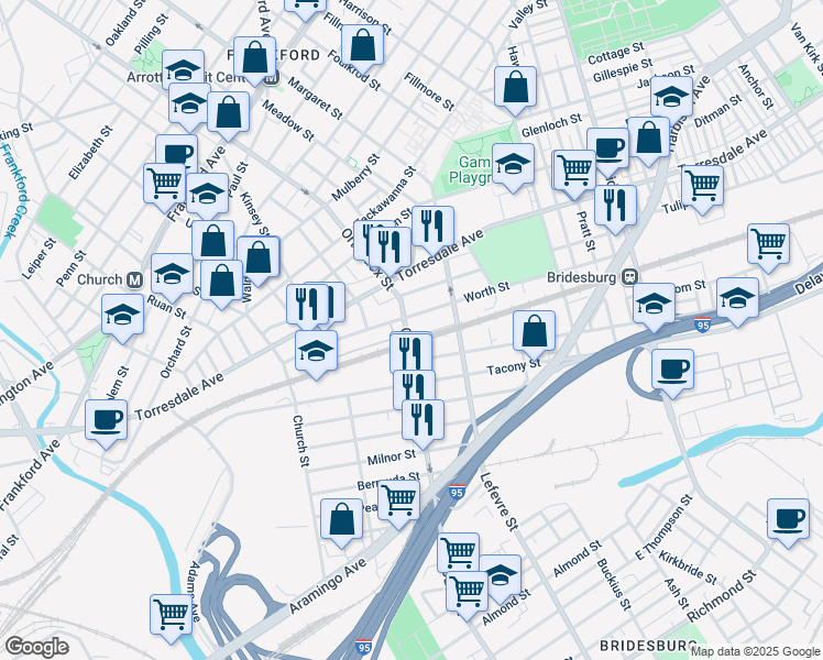 map of restaurants, bars, coffee shops, grocery stores, and more near 4615 Worth Street in Philadelphia