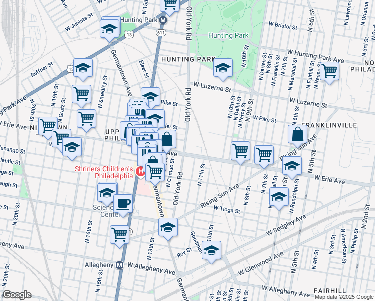 map of restaurants, bars, coffee shops, grocery stores, and more near 3705 Old York Rd in Philadelphia