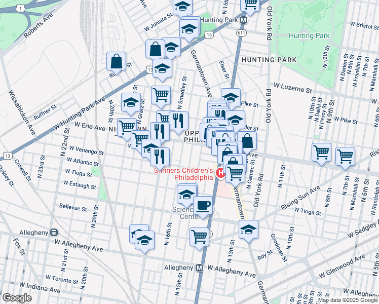 map of restaurants, bars, coffee shops, grocery stores, and more near 3644 North Sydenham Street in Philadelphia