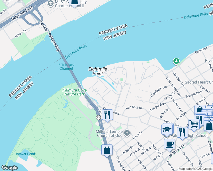map of restaurants, bars, coffee shops, grocery stores, and more near 1103 Lakeside Drive in Palmyra