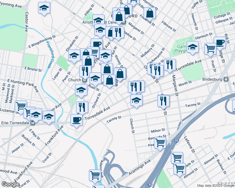 map of restaurants, bars, coffee shops, grocery stores, and more near 1918 Church Street in Philadelphia