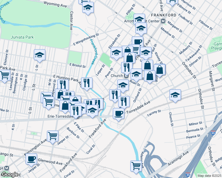 map of restaurants, bars, coffee shops, grocery stores, and more near 4215 Romain Street in Philadelphia