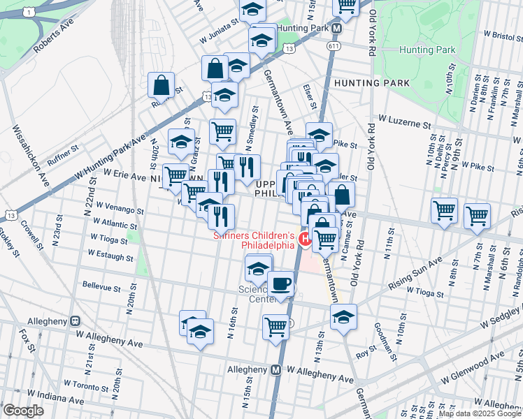 map of restaurants, bars, coffee shops, grocery stores, and more near 3644 North Sydenham Street in Philadelphia