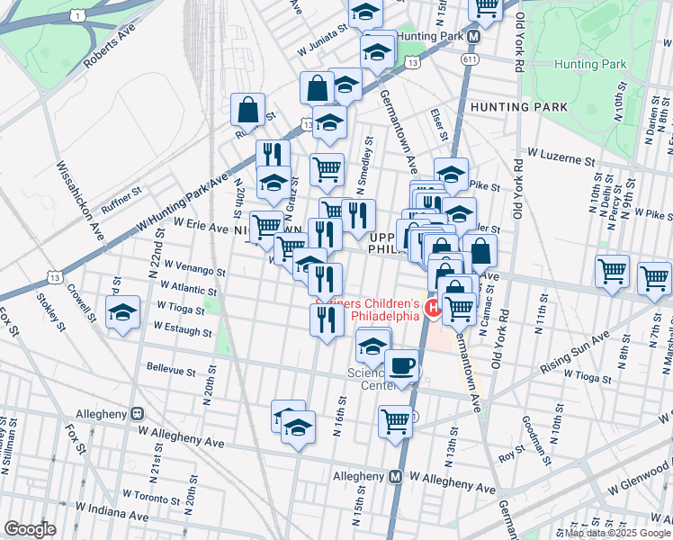 map of restaurants, bars, coffee shops, grocery stores, and more near 3625 North 17th Street in Philadelphia