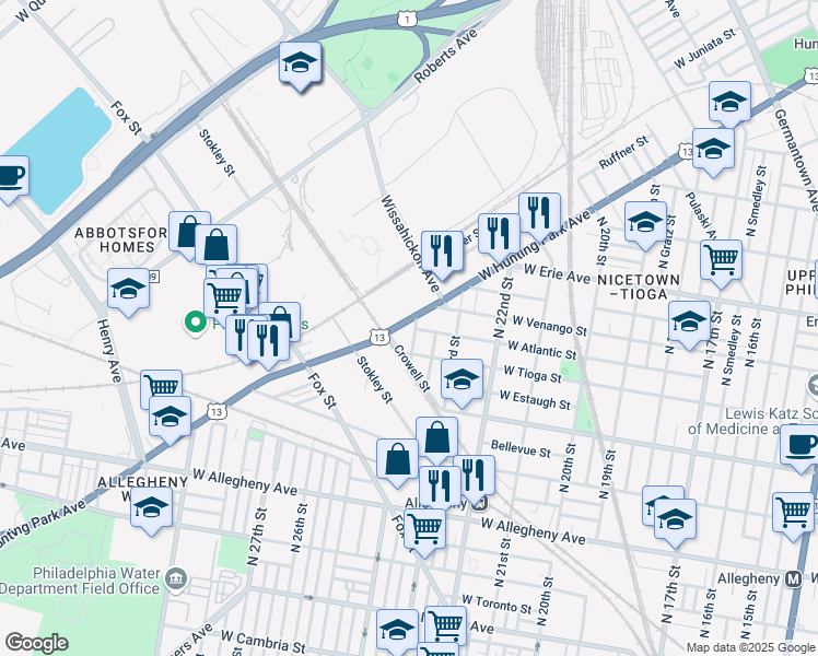 map of restaurants, bars, coffee shops, grocery stores, and more near 2383 West Hunting Park Avenue in Philadelphia