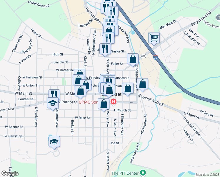 map of restaurants, bars, coffee shops, grocery stores, and more near 194 North Center Avenue in Somerset