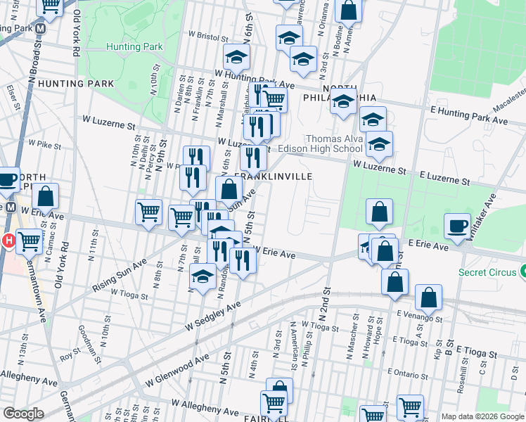 map of restaurants, bars, coffee shops, grocery stores, and more near 3820 North 5th Street in Philadelphia