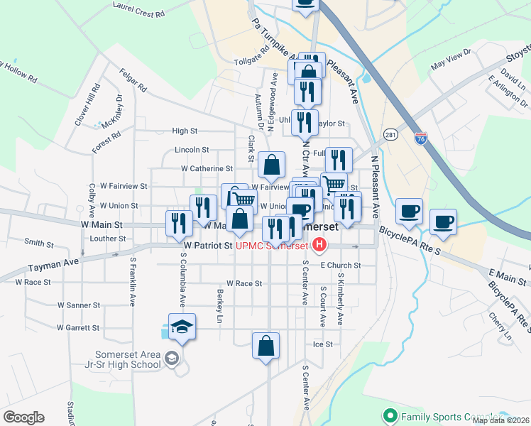 map of restaurants, bars, coffee shops, grocery stores, and more near 214 West Union Street in Somerset