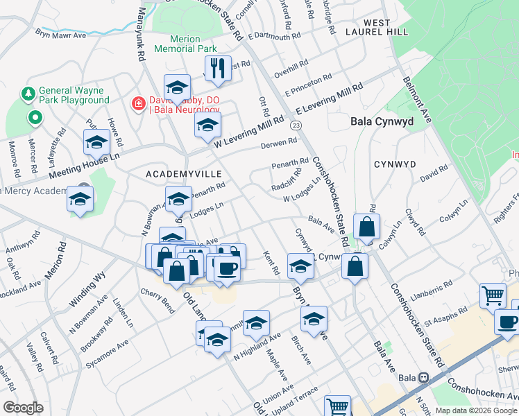 map of restaurants, bars, coffee shops, grocery stores, and more near 409 Bryn Mawr Avenue in Bala Cynwyd