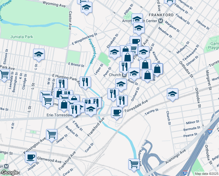 map of restaurants, bars, coffee shops, grocery stores, and more near 4217 Romain Street in Philadelphia