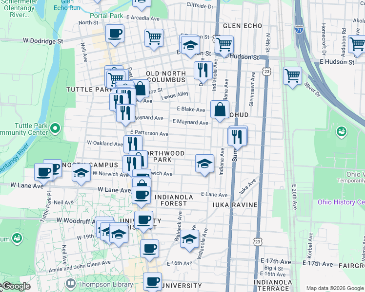 map of restaurants, bars, coffee shops, grocery stores, and more near 170 East Oakland Avenue in Columbus