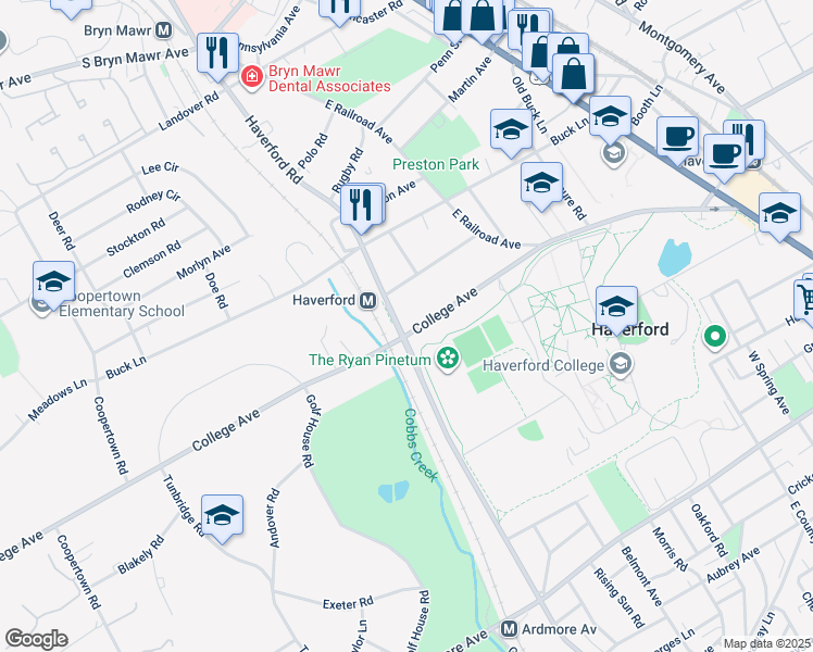 map of restaurants, bars, coffee shops, grocery stores, and more near 702 College Avenue in Haverford