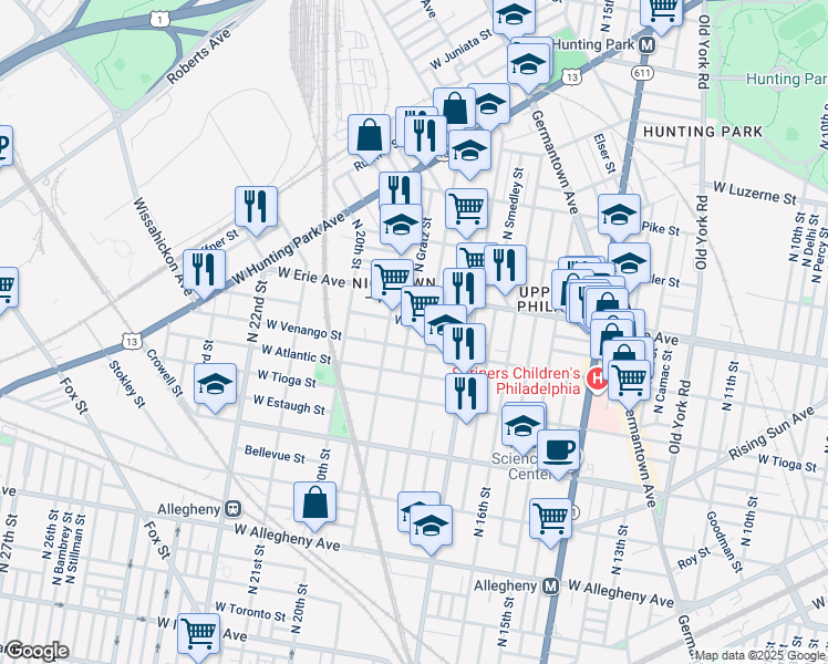 map of restaurants, bars, coffee shops, grocery stores, and more near 3623 North Gratz Street in Philadelphia