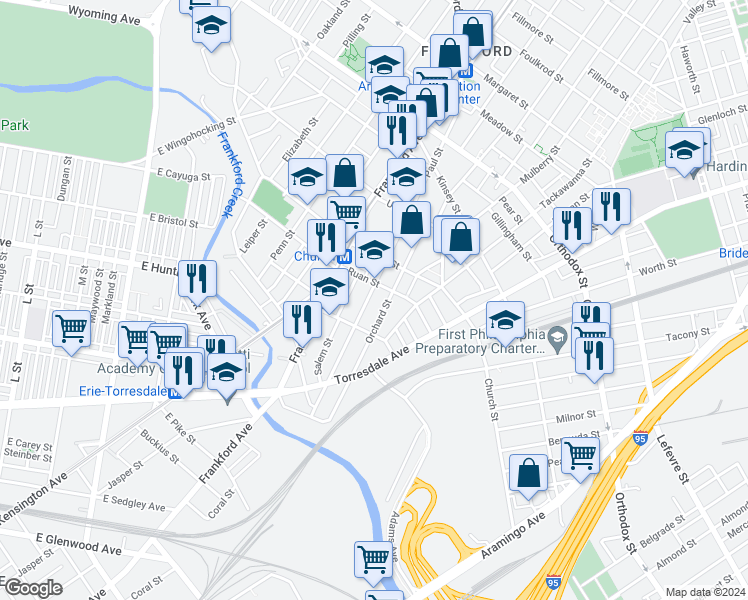 map of restaurants, bars, coffee shops, grocery stores, and more near 4235 Paul Street in Philadelphia