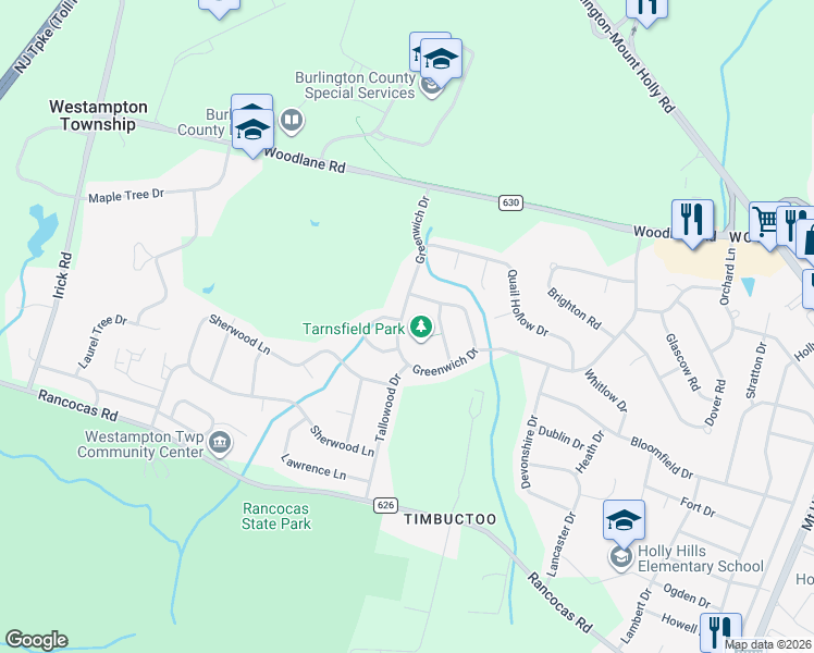 map of restaurants, bars, coffee shops, grocery stores, and more near 37 Greenwich Drive in Westampton