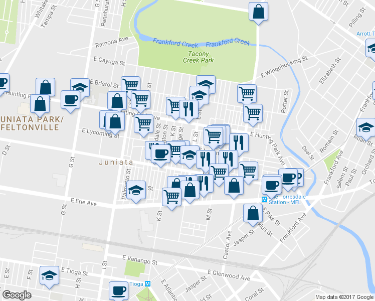map of restaurants, bars, coffee shops, grocery stores, and more near 4059 Howland Street in Philadelphia