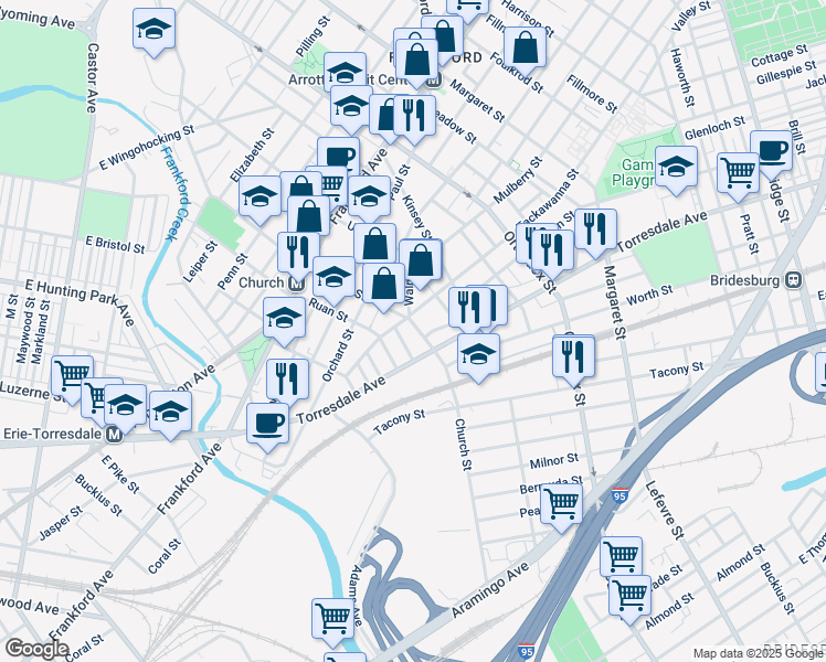 map of restaurants, bars, coffee shops, grocery stores, and more near 1918 Church Street in Philadelphia