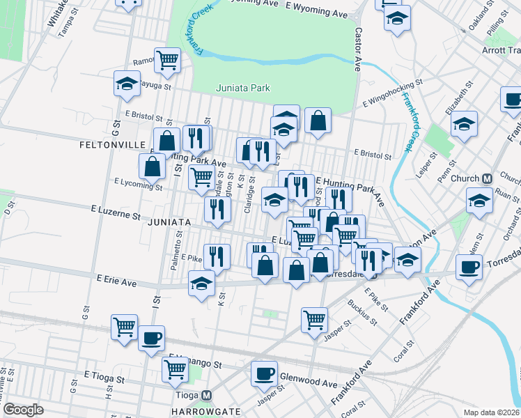 map of restaurants, bars, coffee shops, grocery stores, and more near 4103 Claridge Street in Philadelphia