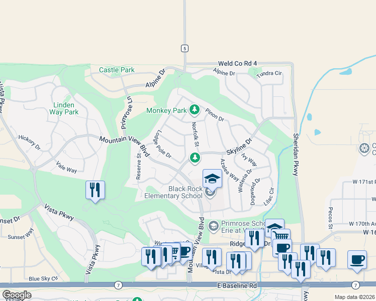 map of restaurants, bars, coffee shops, grocery stores, and more near 1867 Lodge Pole Drive in Erie
