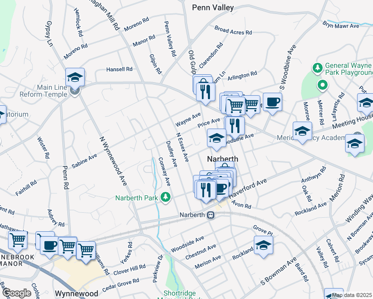 map of restaurants, bars, coffee shops, grocery stores, and more near 200 Barrie Road in Narberth