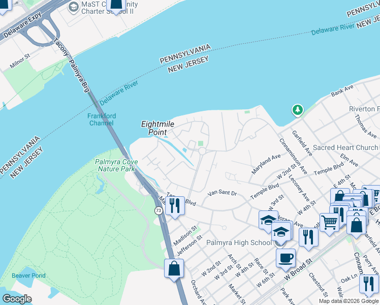 map of restaurants, bars, coffee shops, grocery stores, and more near 2103 Sanibel Circle in Palmyra